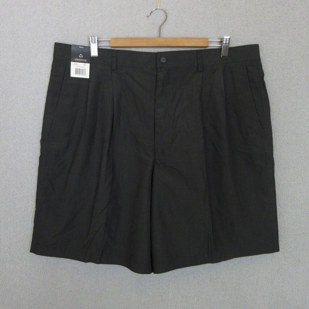 Claiborne Shorts Mens 40 Charcoal Microcheck Pleated Machine Washable Dress